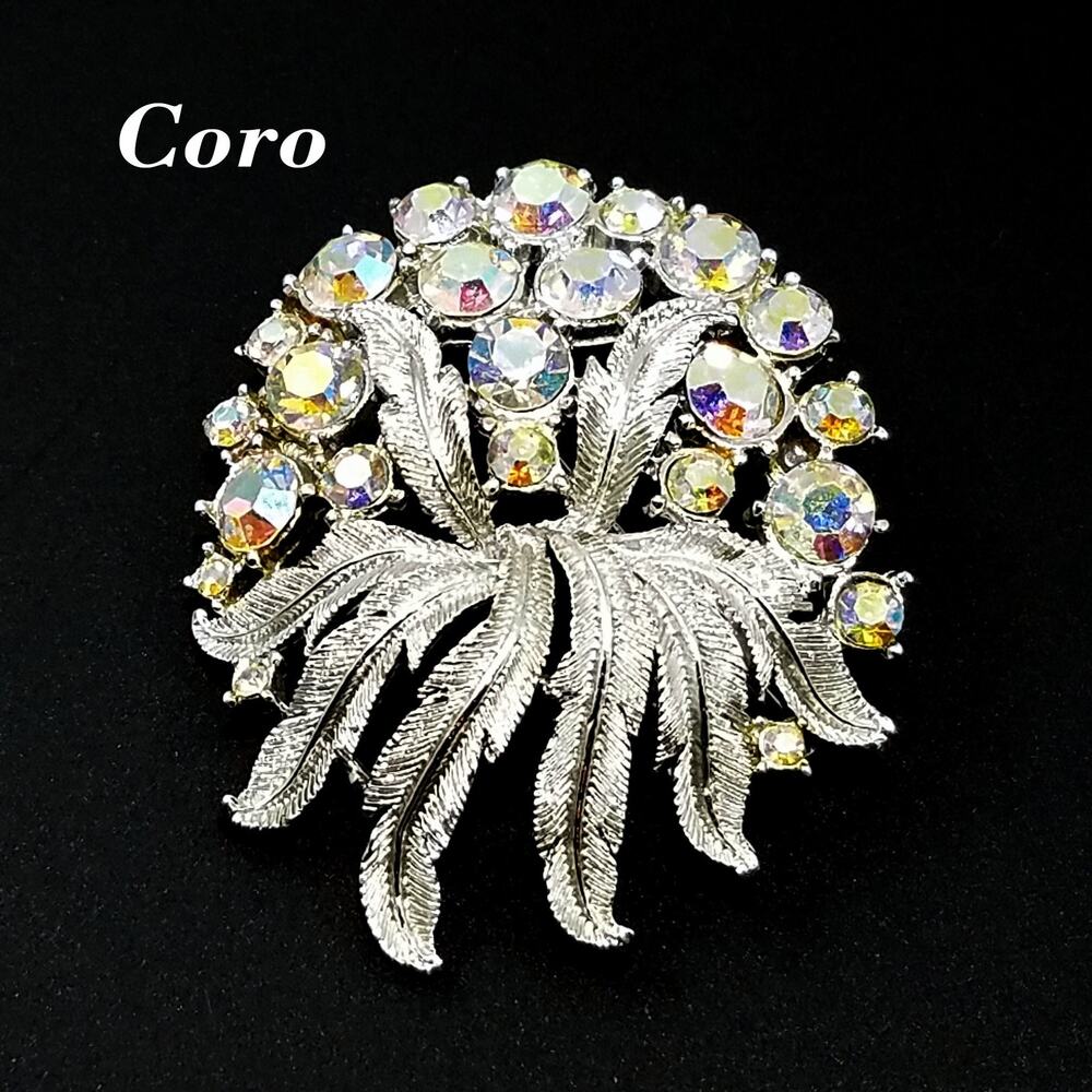 Vintage Coro Aurora Borealis Floral Brooch, AB Rhinestones, Rhodium Plated, 1950
